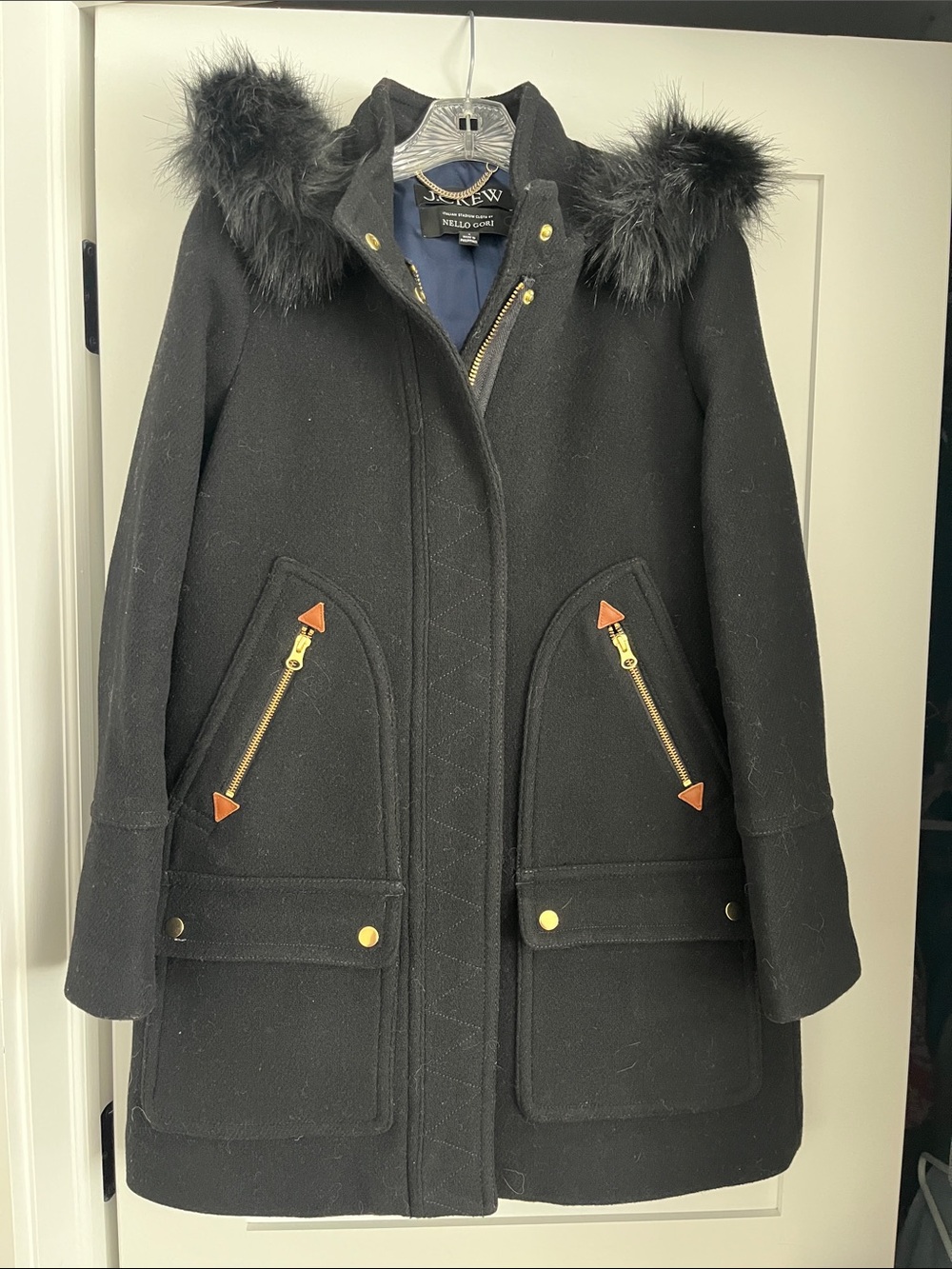 J. Crew Black Wool-Blend Hooded Pea Coat with Faux Fur Trim